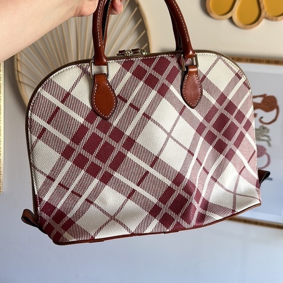Vintage Dooney and Bourke Cranberry Plaid Leather Zip Zip Domed Satchel Handbag - Picture 3 of 12